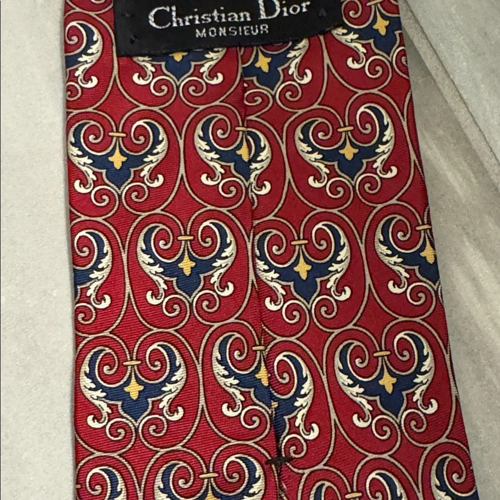 Dior Red Tie with Navy and Gold Scroll Motif